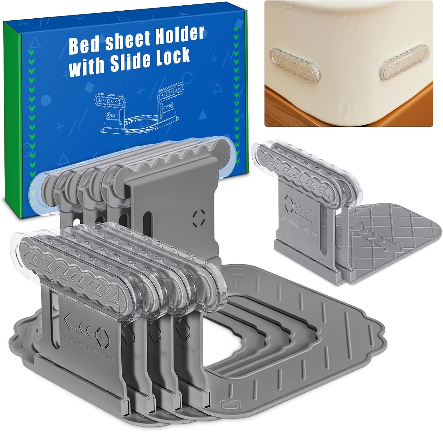 Bed Sheet Holders for Corners, Fitted Sheet Holders Fit Bed, Lock Sheet Holders Keep Sheets Firm & Tight, Bed Sheet Straps, Mattress Sheet Corner Holders (4pcs, Grey)