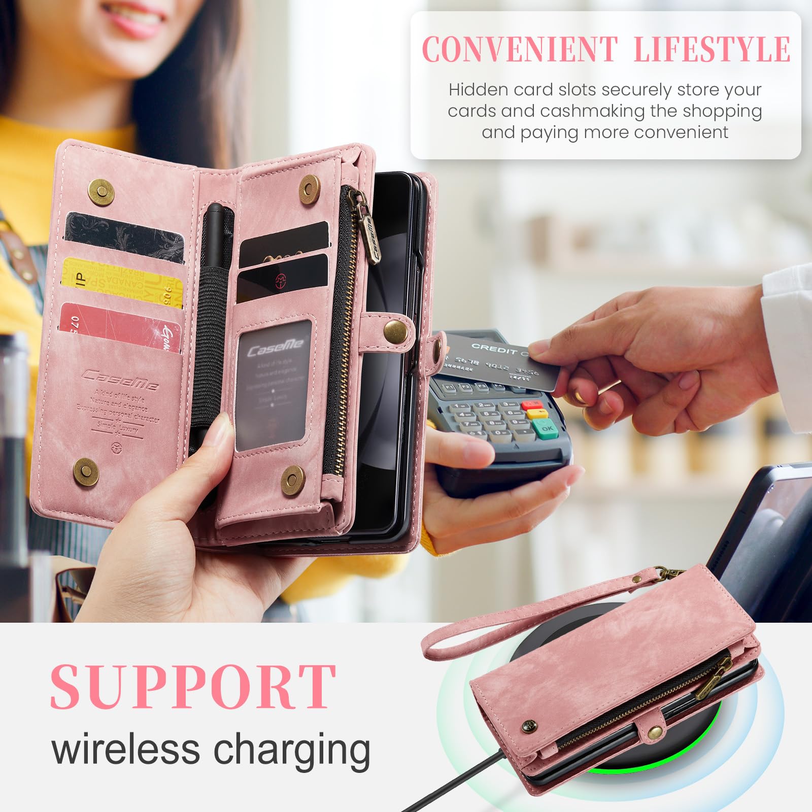 Etui do Samsung Galaxy Z Fold 8 Ultra Portfel z 5 etui na karty i 2 gniazdami gotówkowymi Magnetyczna kieszeń z zamkiem błyskawicznym, skóra premium PU ze smyczą, uchwyt na długopis S