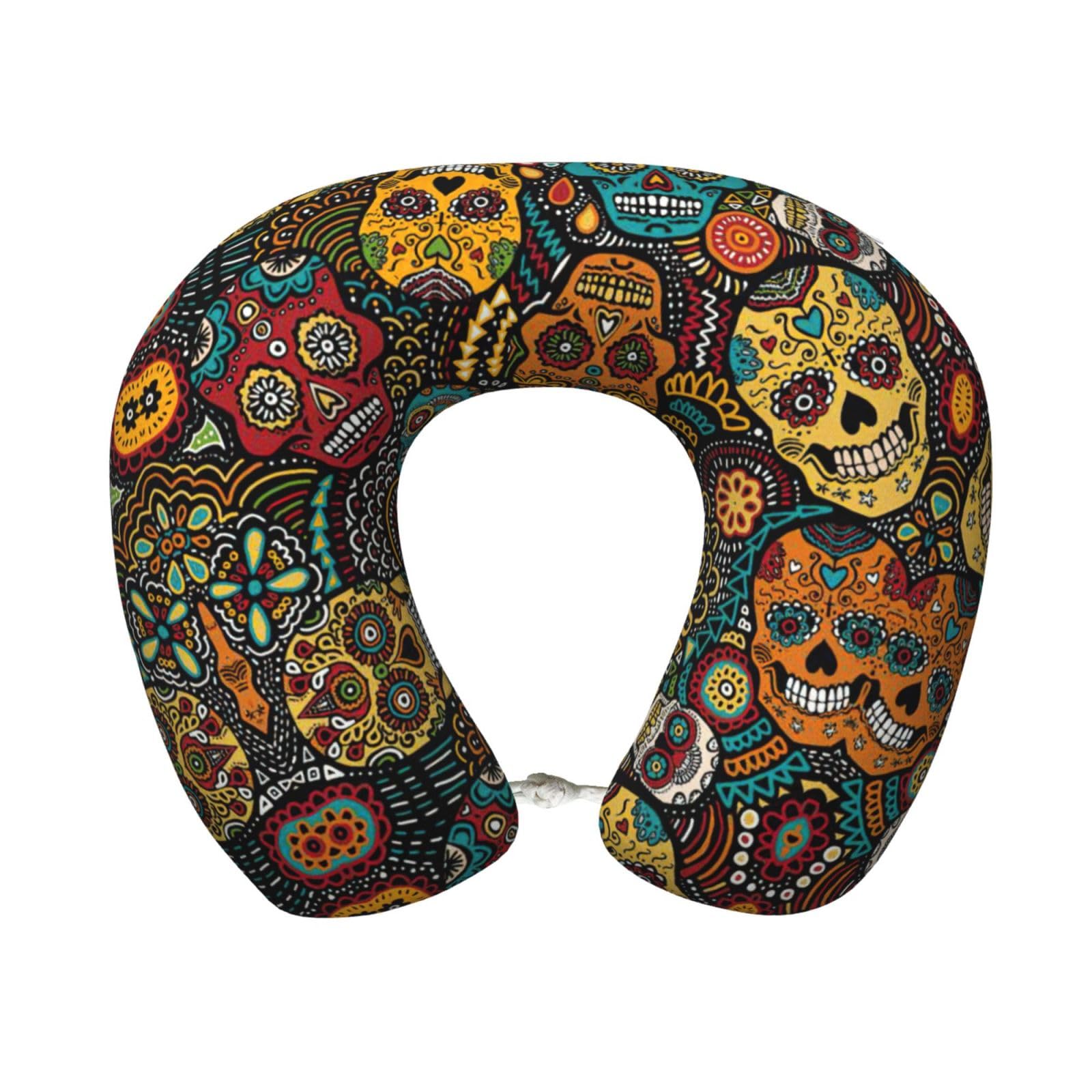 ASFgda U-Shape Memory Foam Sugar Skulls Print Print Travel Pillow,Neck Support,Washable Cover For Airplane Car Home Office