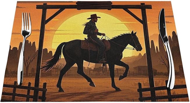 Cowboy Riding Ranch Desert PVC Placemats Set of 6 Pcs Non-Slip Heat Resistant Vinyl Placem Mat Easy Clean Washable Farmhouse Dining Table Mats for Wedding Party Decoration 12x18 Inch