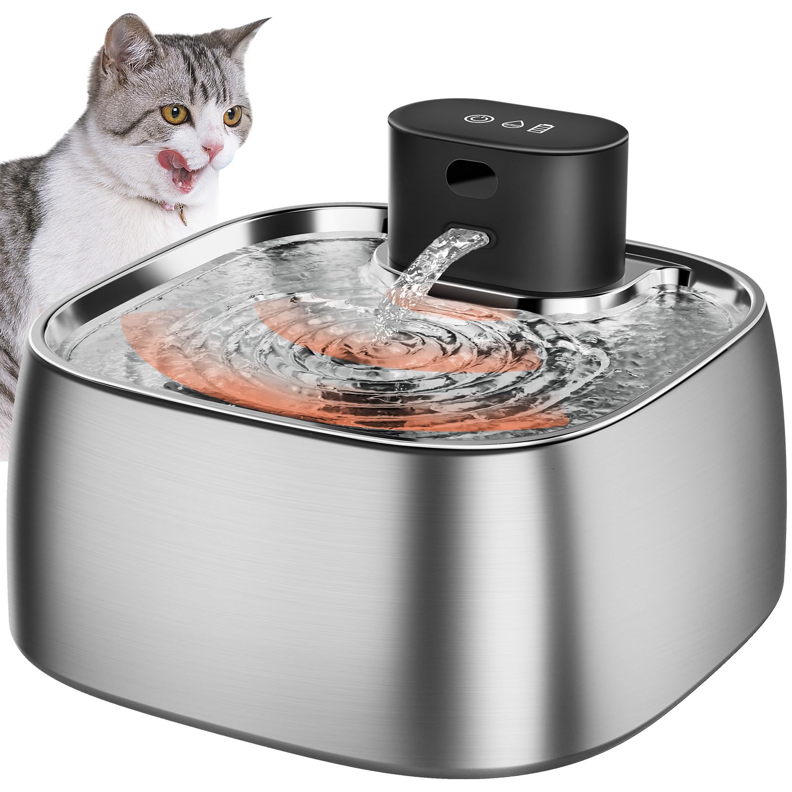 ROTTOGOON Katzenbrunnen Kabellos ohne Pumpe, Trinkbrunnen Edelstahl mit Bewegungssensor für Katzen Brunnen Batteriebetrieben Extrem Leise für Katzen und Kleine Hunde 3,2L BPA-Frei