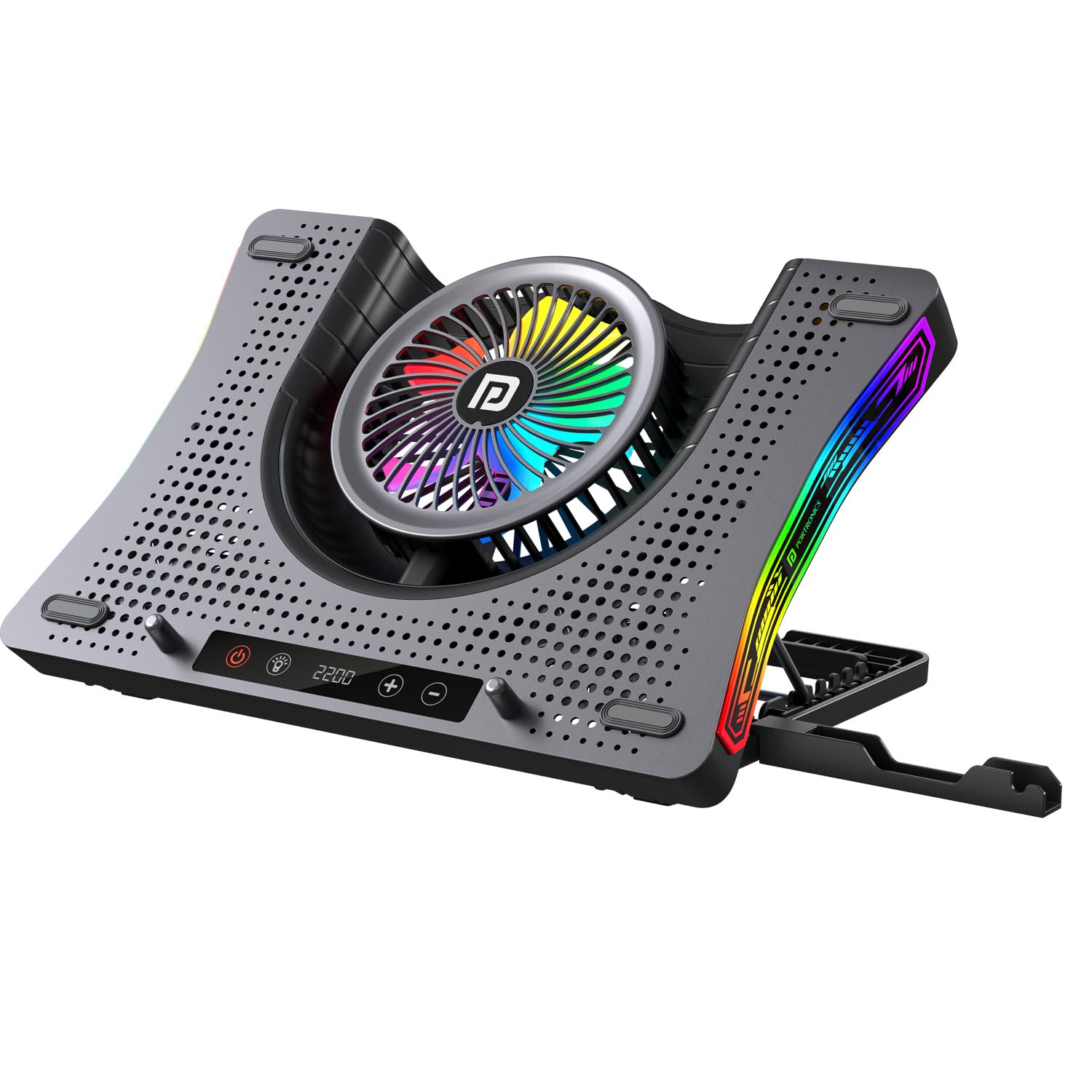 portronics aerodock pro laptop cooling pad with high-speed fan, 115 cfm airflow, 10 rgb lighting modes, built-in phone holder, adjustable height, noiseless fans and dual usb ports, black