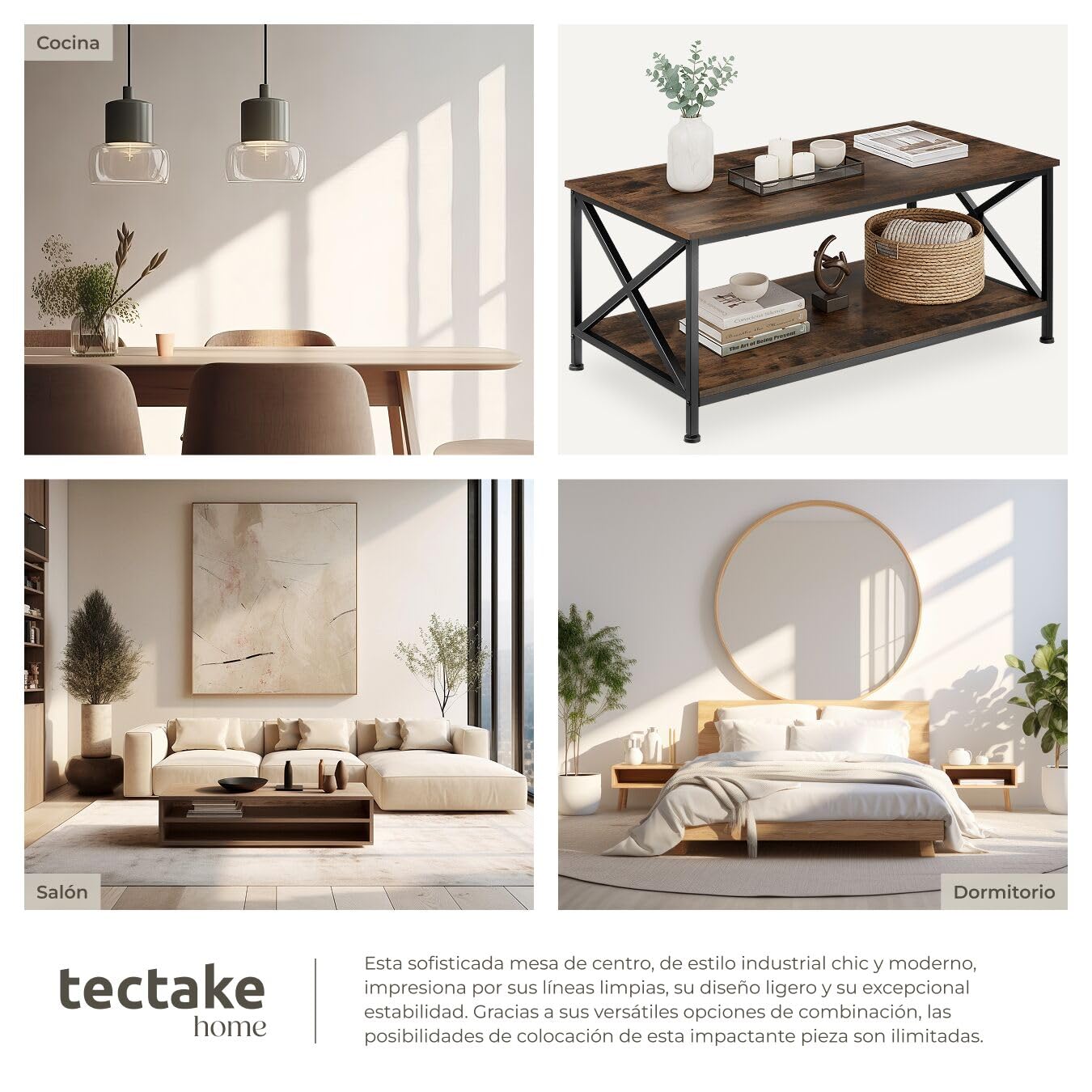 tectake® Mesa Cafe con Estante Inferior, Mesa de Centro, Mueble Auxiliar Salon, Decoracion Hogar, Mesitas de Noche, Mesita de Noche, Muebles - 100 x 55 x 45,5 cm Madera Industrial Oscura, Rústica