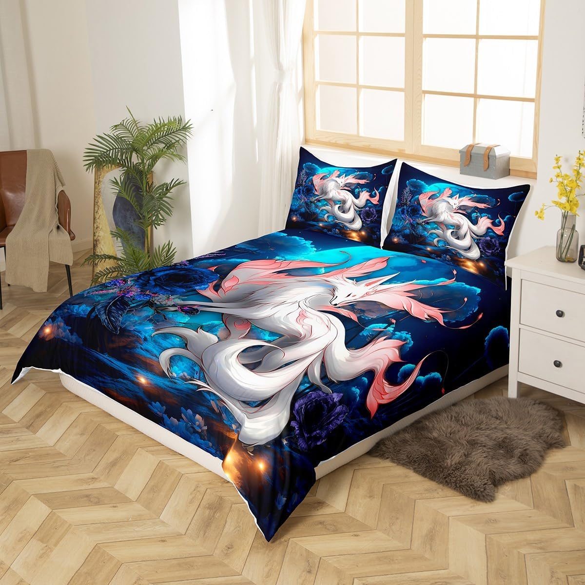 Japanese Ukiyoe Bedding Set White Fox Blossoms Floral Duvet Cover for Kids Boys Girls Galaxy Exotic Animal Comforter Cover Japanese Decor Dreamy Bedspread Cover Bedroom Collection 2Pcs Twin Size