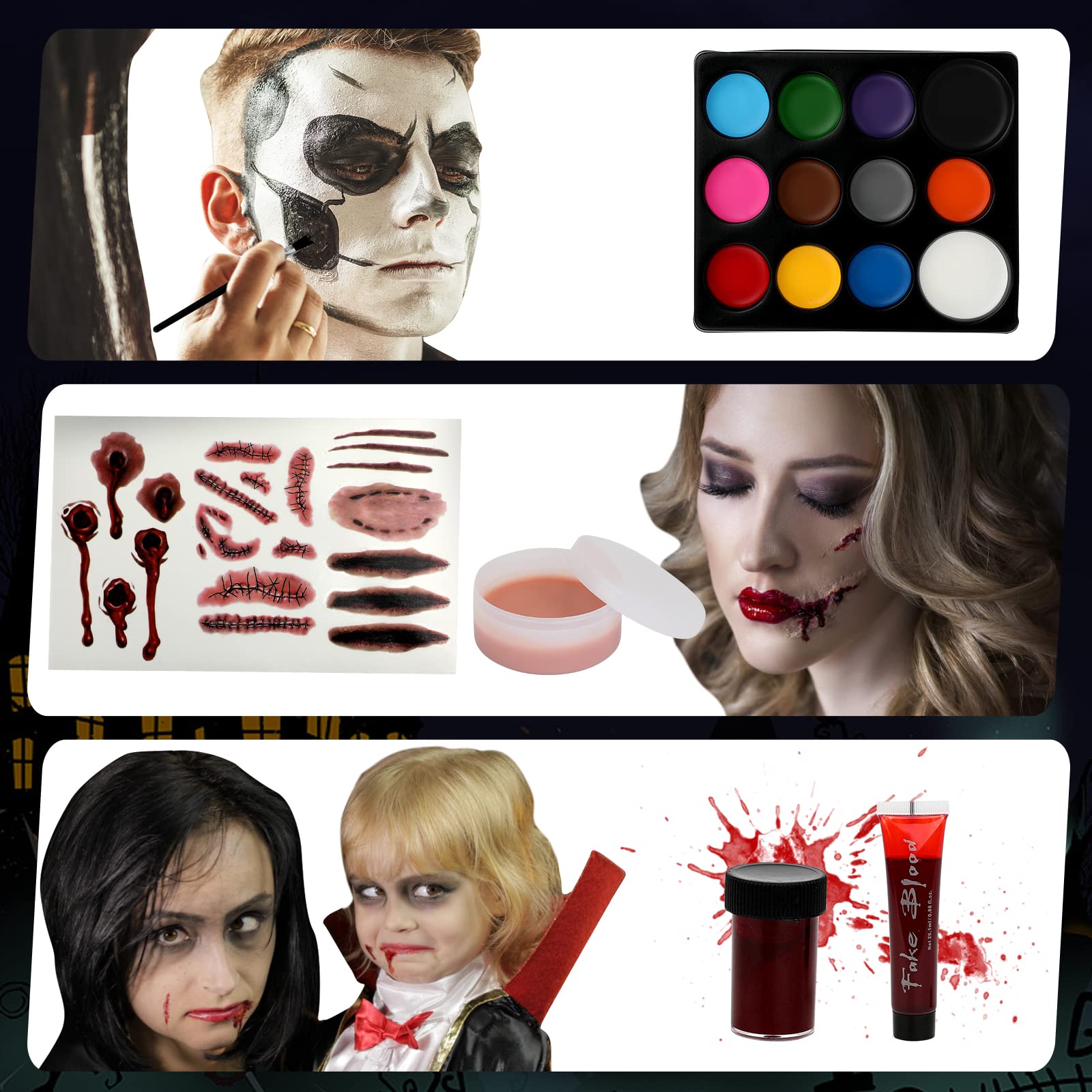 Maquillaje de Halloween - Kit de pintura facial familiar de Halloween, pintura facial y corporal para adultos y niños, todo en 1, juego de maquillaje de Halloween, pintura facial con sangre falsa para 4