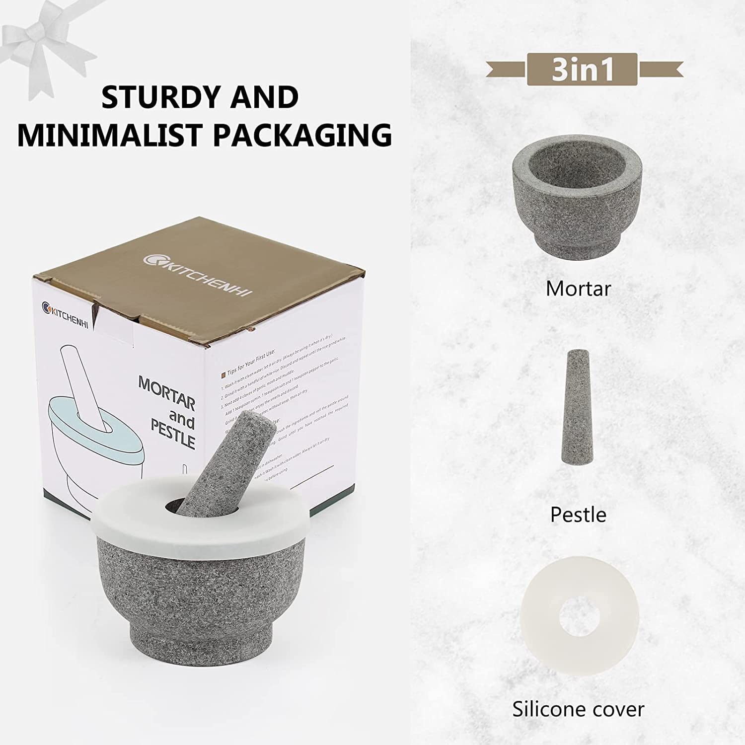 Mörser Mit Stößel Granit 15cm - 3in1 Set Mit Silikonabdeckung & Rutschfester Basis