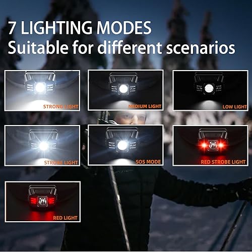 Miniatura 7 de Linterna frontal LED, faros delanteros giratorios con sensor brillante, 350 lúmenes, ultraligero y brillante, con luz blanca y roja, movimiento
