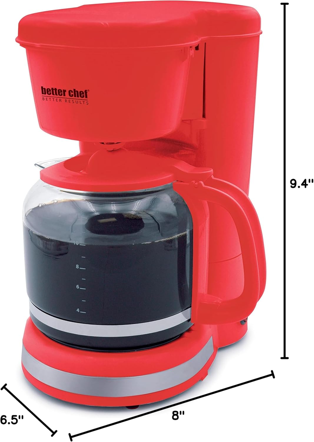 Better Chef Basic Coffee Maker | 12-Cup | Pause-N-Serve | Brushed Metal Trim (Red)