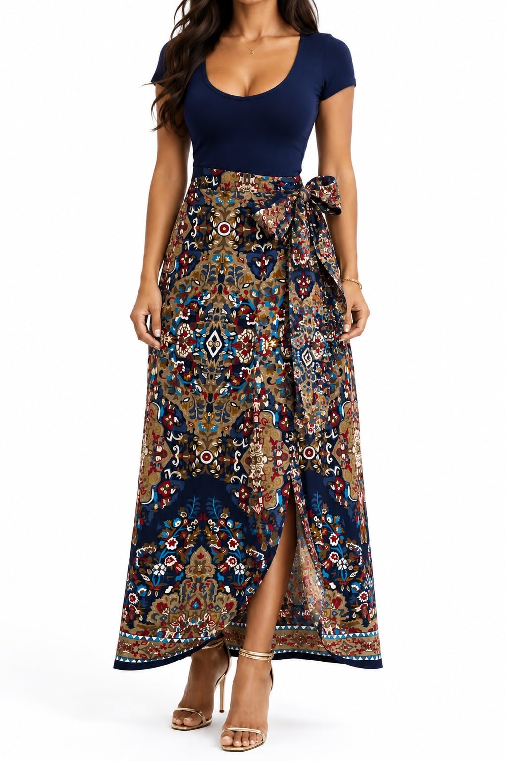Women's Boho Maxi Wrap Around Skirt - Blue and Beige, Floral Print-picture-32