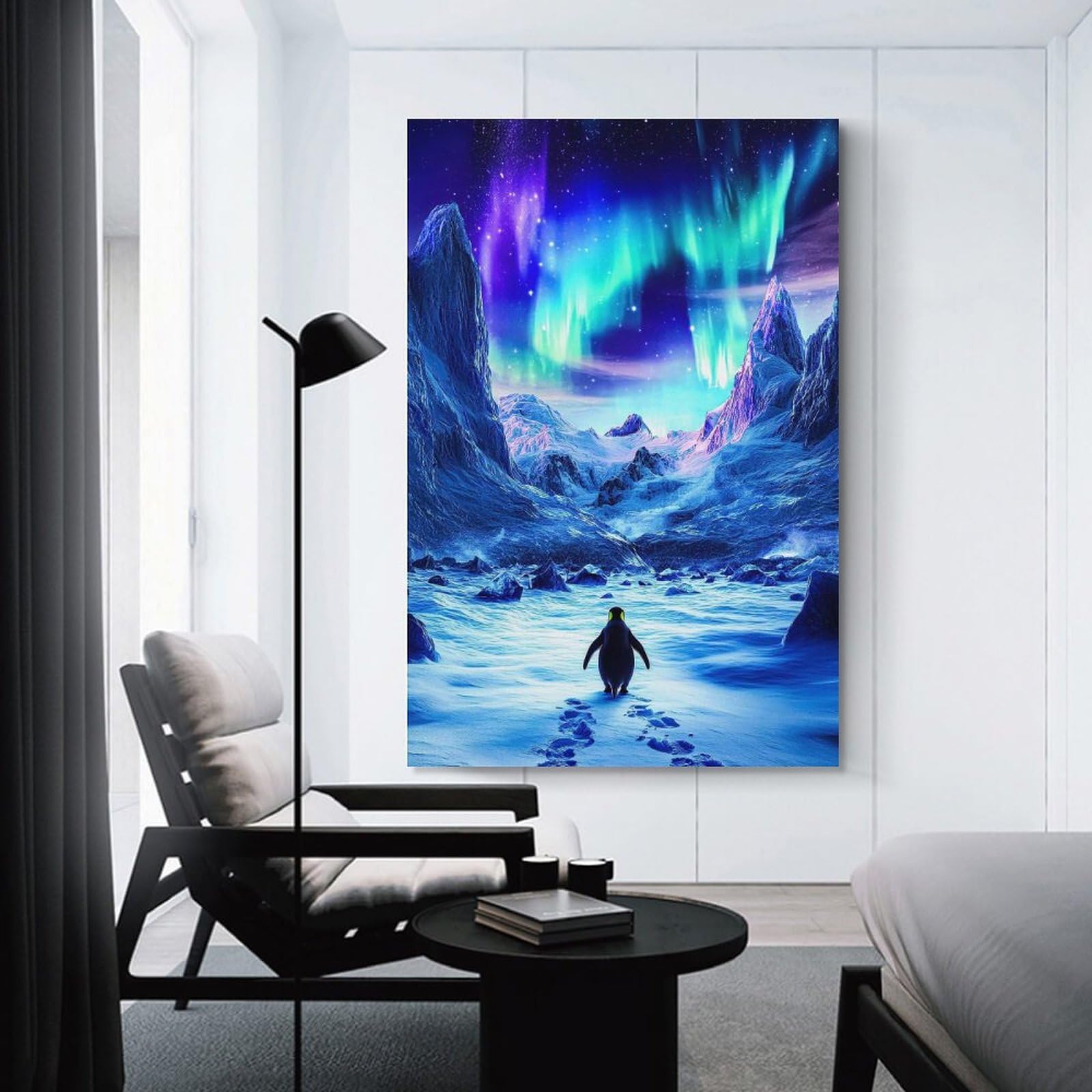 Junmoney Canvas Wall Art Penguin Under Aurora Borealis, 20x30inch(50x75cm), for Corridors, Hallways Or Apartment Entries, Decorative Canvas Styling for Entry Areas