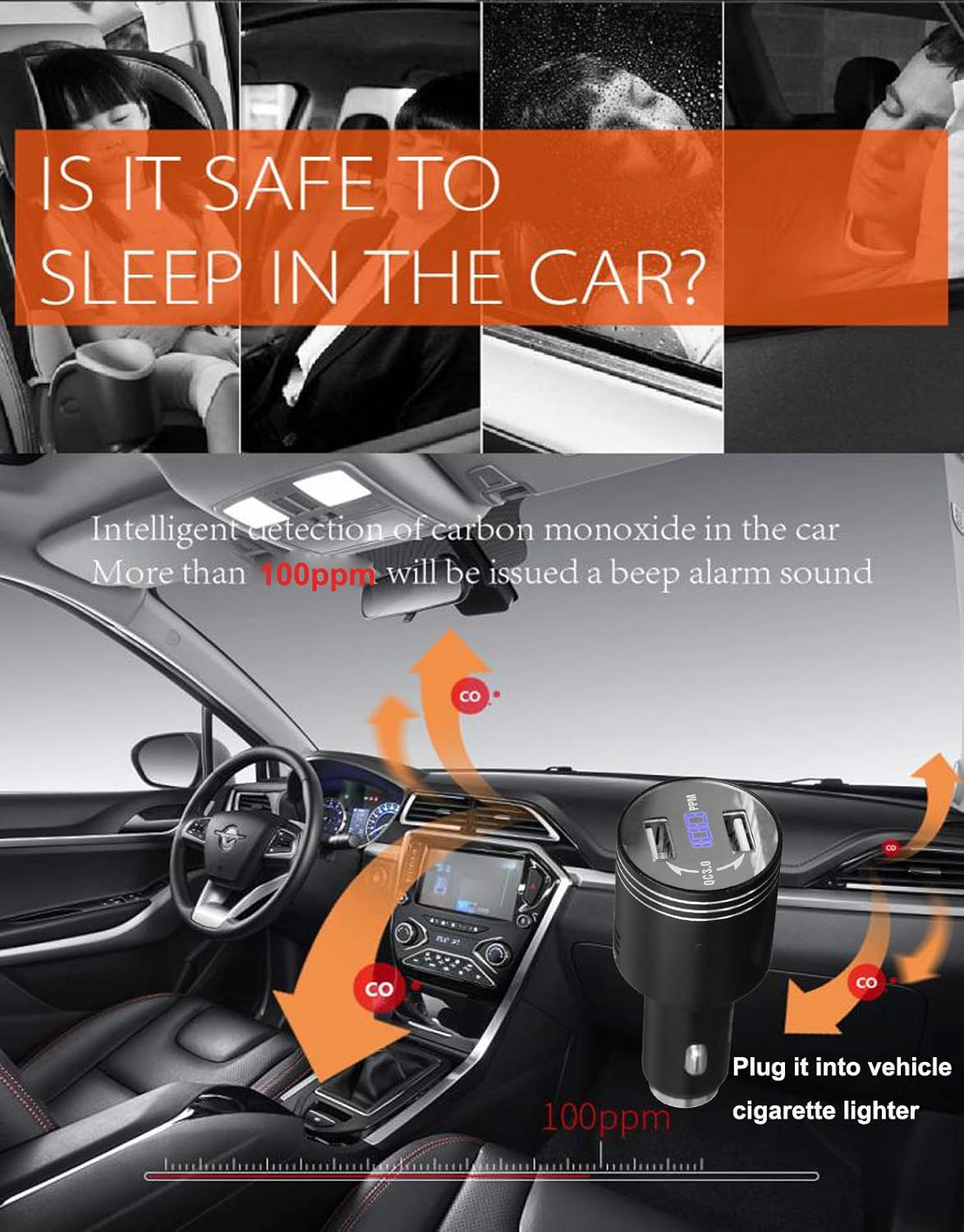 Multi-Function Car Carbon Monoxide Detector, Fast Car Charger, Quick Charge 3.0 Adapter with Dual QC3.0 USB Ports, CO Alarm Detector with LCD Digital Display(Black)