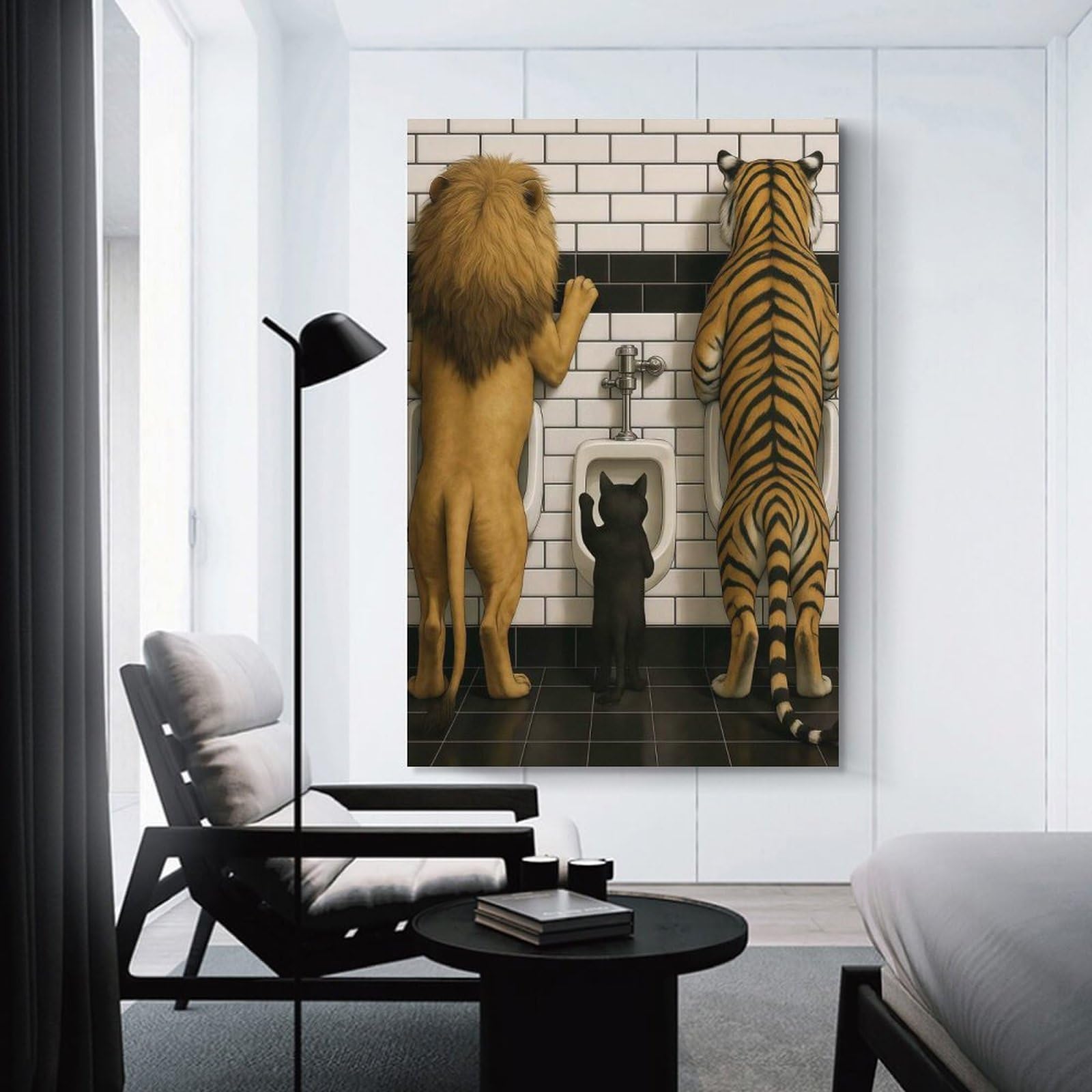 Junmoney Unframe-Style-19 Lion, Tiger, And Cat At Toilet Canvas Wall Art, 12X18inch(30X45cm), For Living Room, Bedroom Or Apartment Walls, Decorative Artwork For Empty Walls