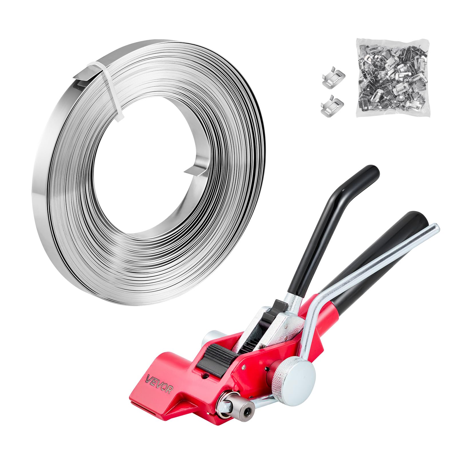 VEVOR 3-tlg. Stahlband Umreifungsset, Manuelles Umreifungsgerät mit 30,5 m Metallband, 100 Klammern und Schneider