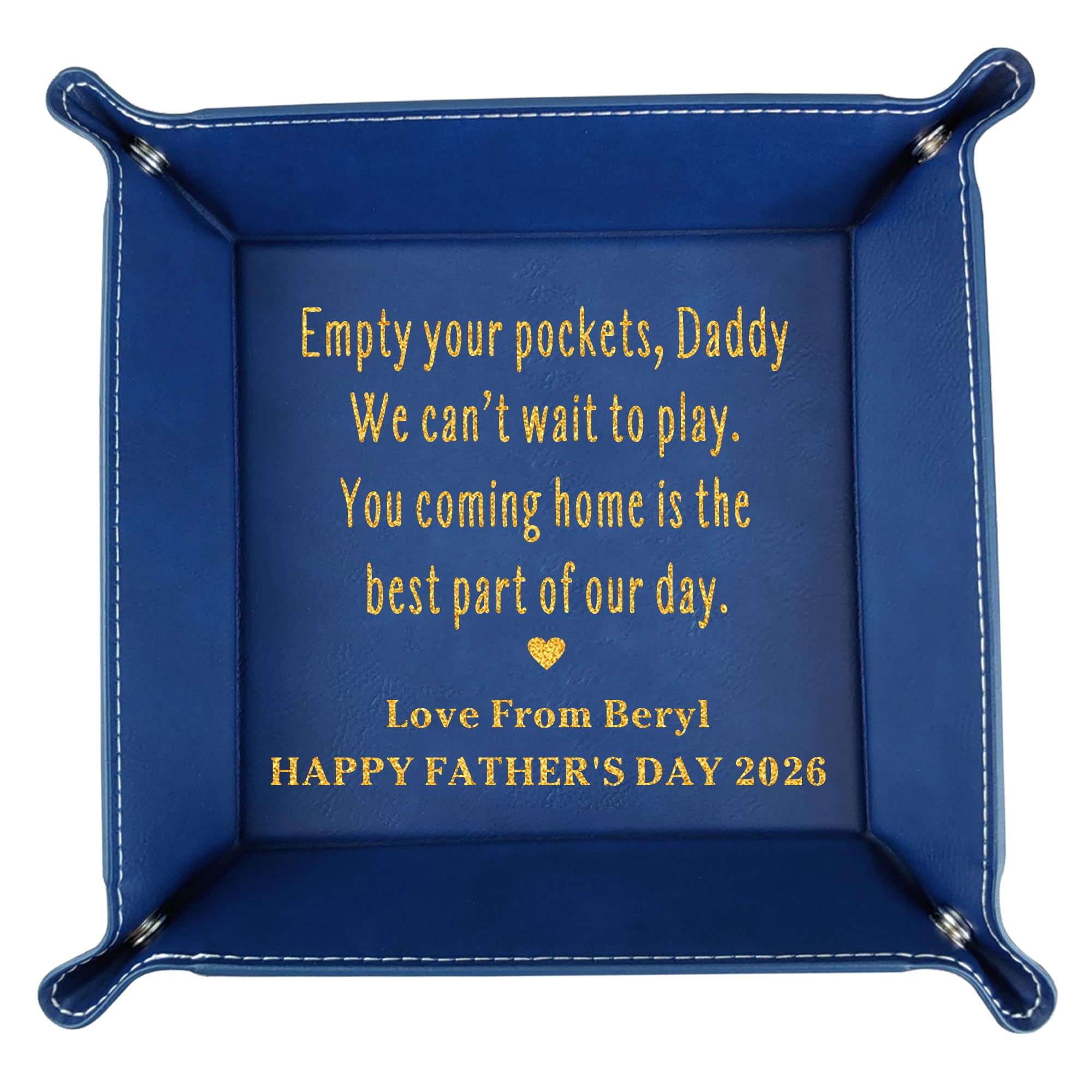 EDSG Personalised Fathers Day Dad Gifts, Leather Valet Tray with Any Text, Desk Organizer Valet Tray for Keys, Wallet, Watch, Gifts from Daughter Son for Fathers Day, Dads, Step Dad (Blue)