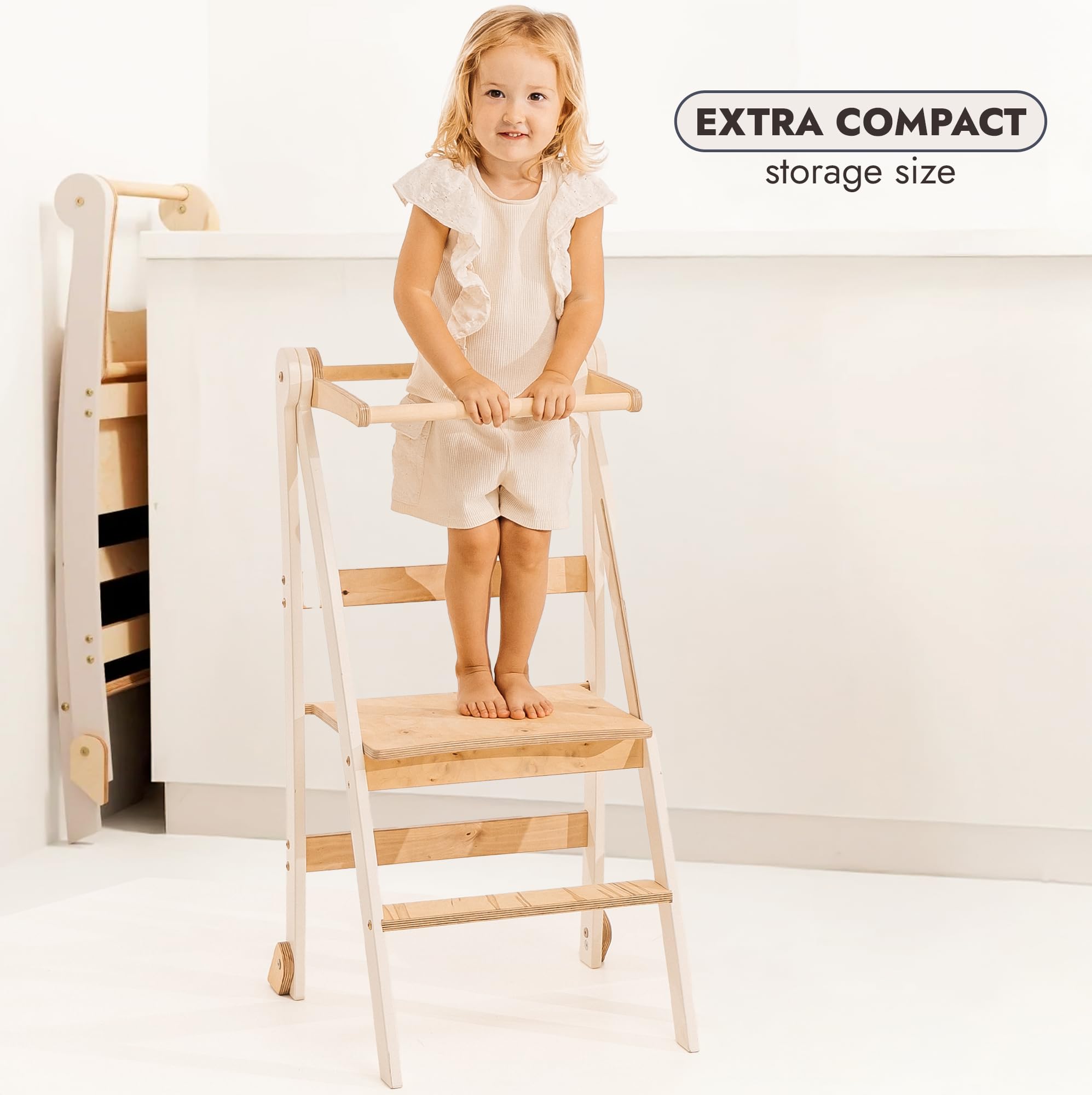 Montessori Learning Tower de madera – Torre de aprendizaje plegable para niños – Ahorro de espacio – Antideslizante – Taburete para cocina y baño – Diseño delgado
