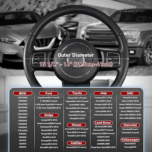 Miniatura 143 de SEG Direct Funda universal para volante de automóvil, de 15 pulgadas, piel de microfibra, color blanco y gris Negro y gris