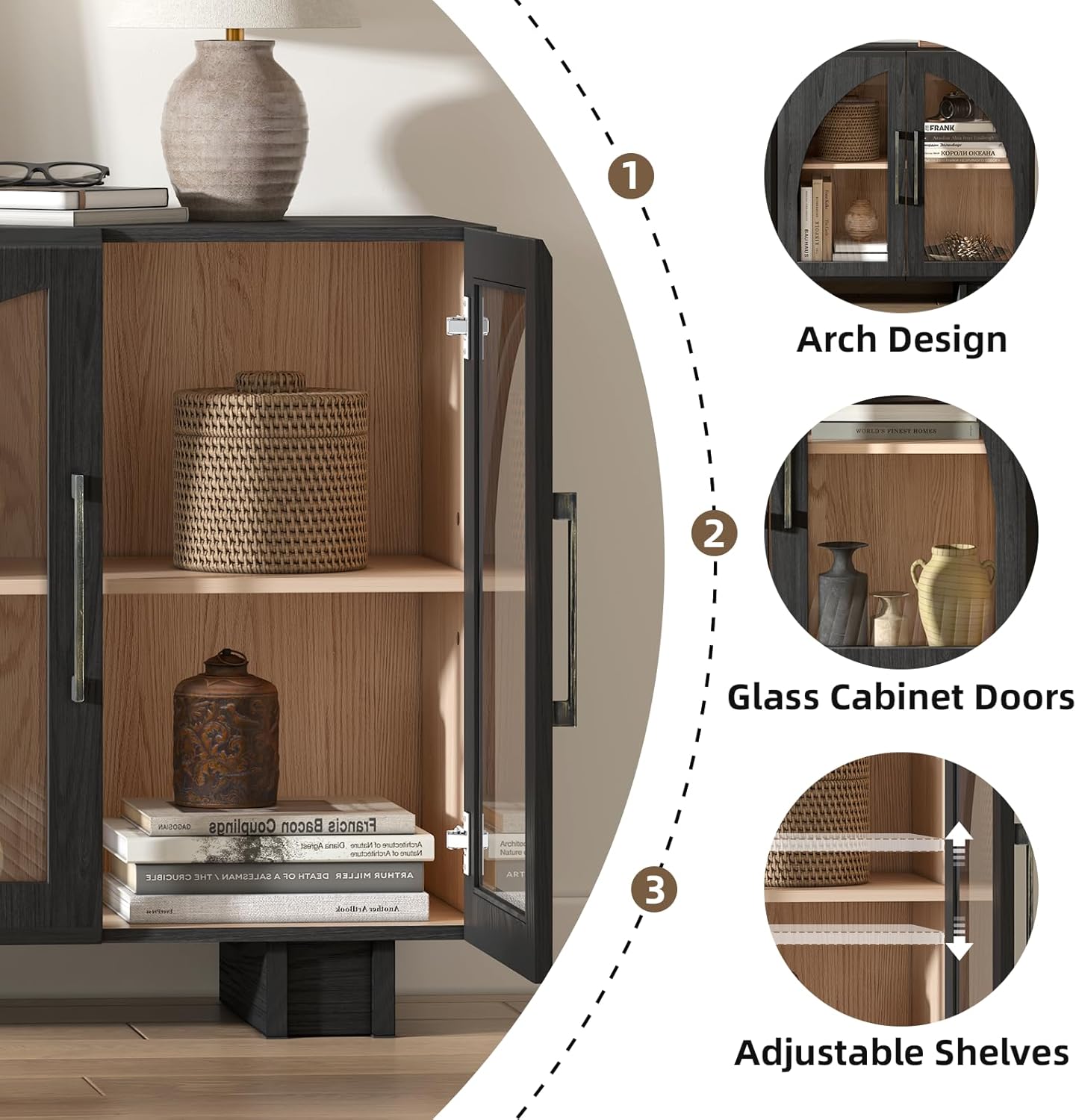 Detailed view of the cabinet's arch design, glass doors, and adjustable shelves