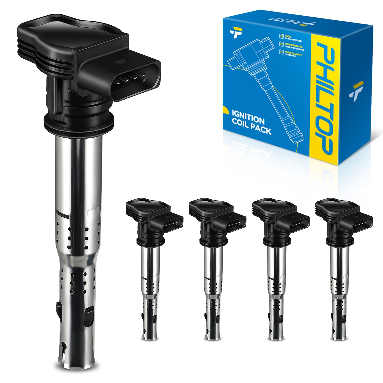 PHILTOP 5-Pack Ignition Coil UF575 Fit for Jetta Tiguan Passat Beetle CC Q5 | Volkswagen Jetta, Tiguan, Passat, Beetle, CC, GTI, Eos, Golf, Rabbit, Tiguan Limited, Audi A3/4/5/6 Quattro, Q3/5, A3/4/5/6