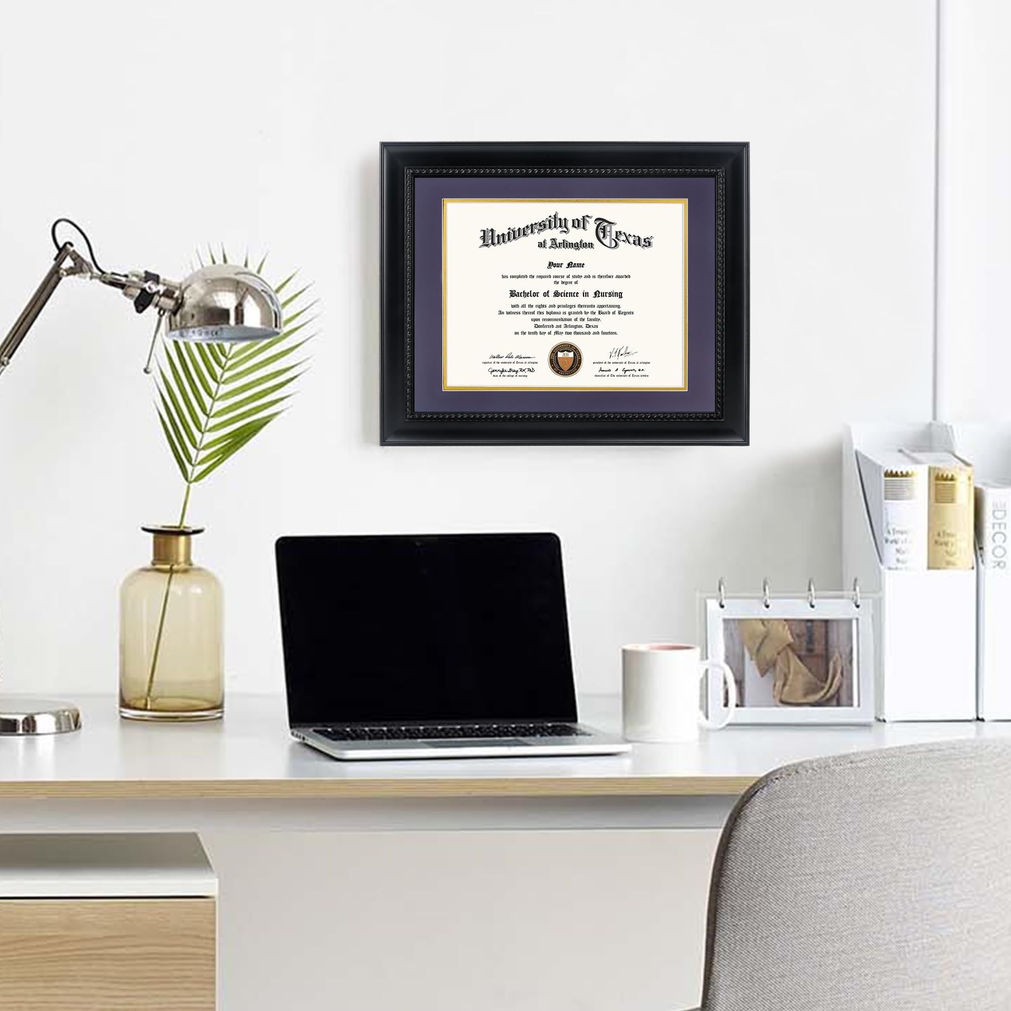 GMFrames Ramka dyplomowa 8,5 x 11 z fioletową matą lub wyświetlaczem certyfikaty 11 x 14 bez maty, lite drewno, czarne wykończenie ze skomplikowanymi czarnymi detalami liny, akryl chroniący przed