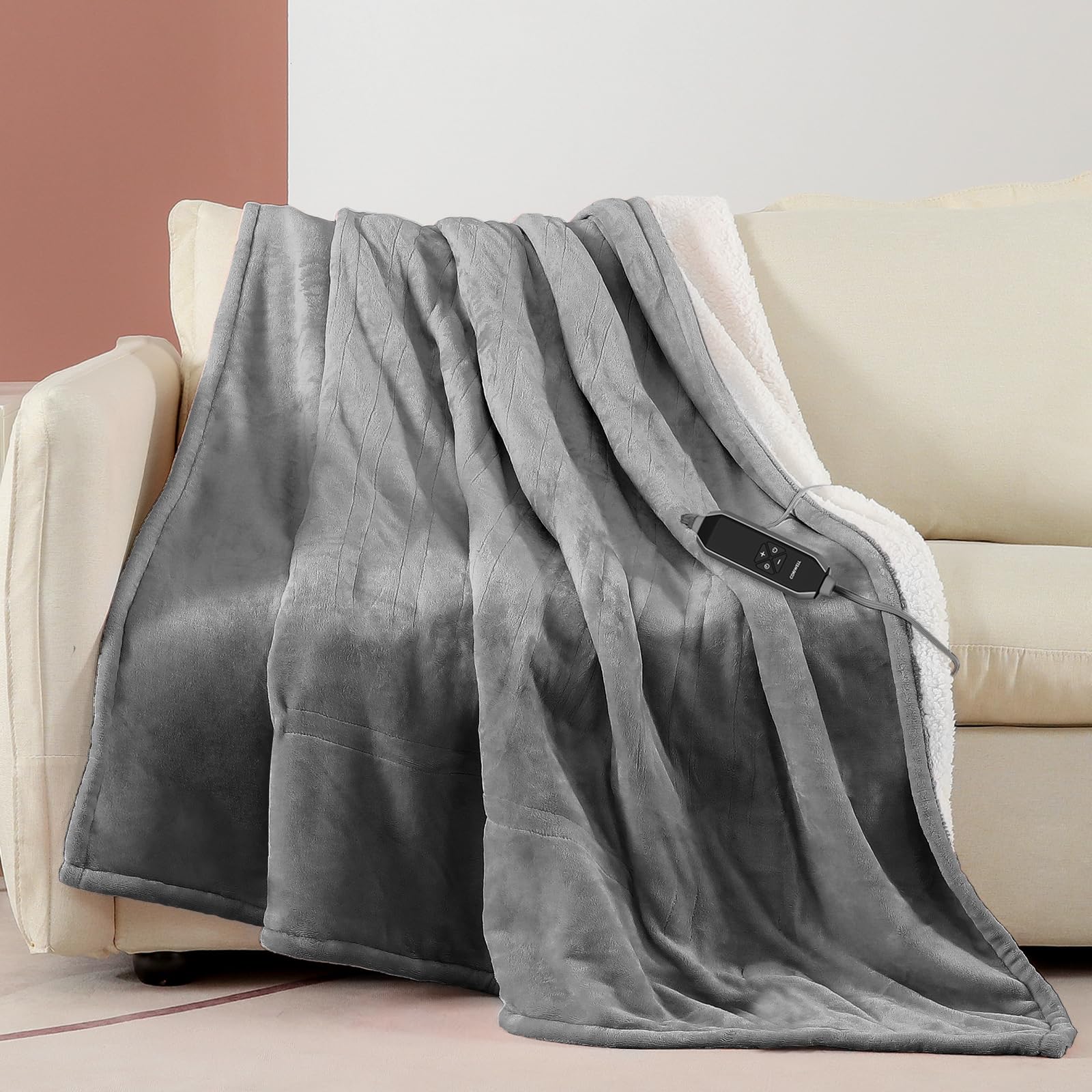 CORIWELL Couverture Chauffante 180x130 cm - Couverture Électrique en Flanelle,Plaid Chauffant 10 Réglages de Chaleur,Minuterie de 9H,Protection Contre la Surchauffe, Lavable en Machine - Gris