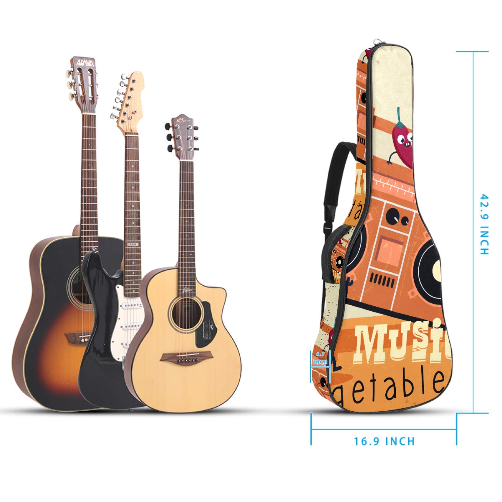 Borsa per chitarra impermeabile con cerniera morbida zaino per chitarra, basso acustico e classico folk chitarra elettrica borsa divertente emoticon verdure musica note festa