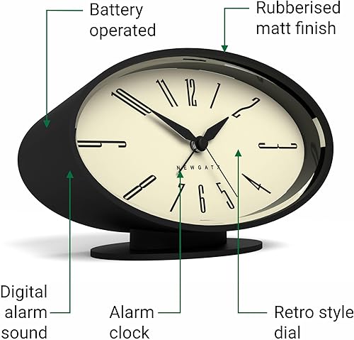 Miniatura 6 de NEWGATE Ronnie - Reloj despertador, diseño retro ovalado, acabado de goma suave negro, ideal para mesita de noche, escritorio o estante, accesorio