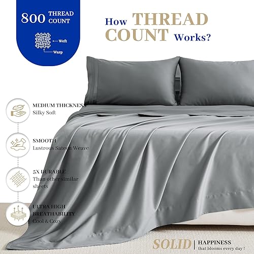 Miniatura 2 de YIYEA Sábanas de tamaño matrimonial, sábanas 100% algodón para cama matrimonial, juego de sábanas de satén de algodón de 800 hilos, bolsillo