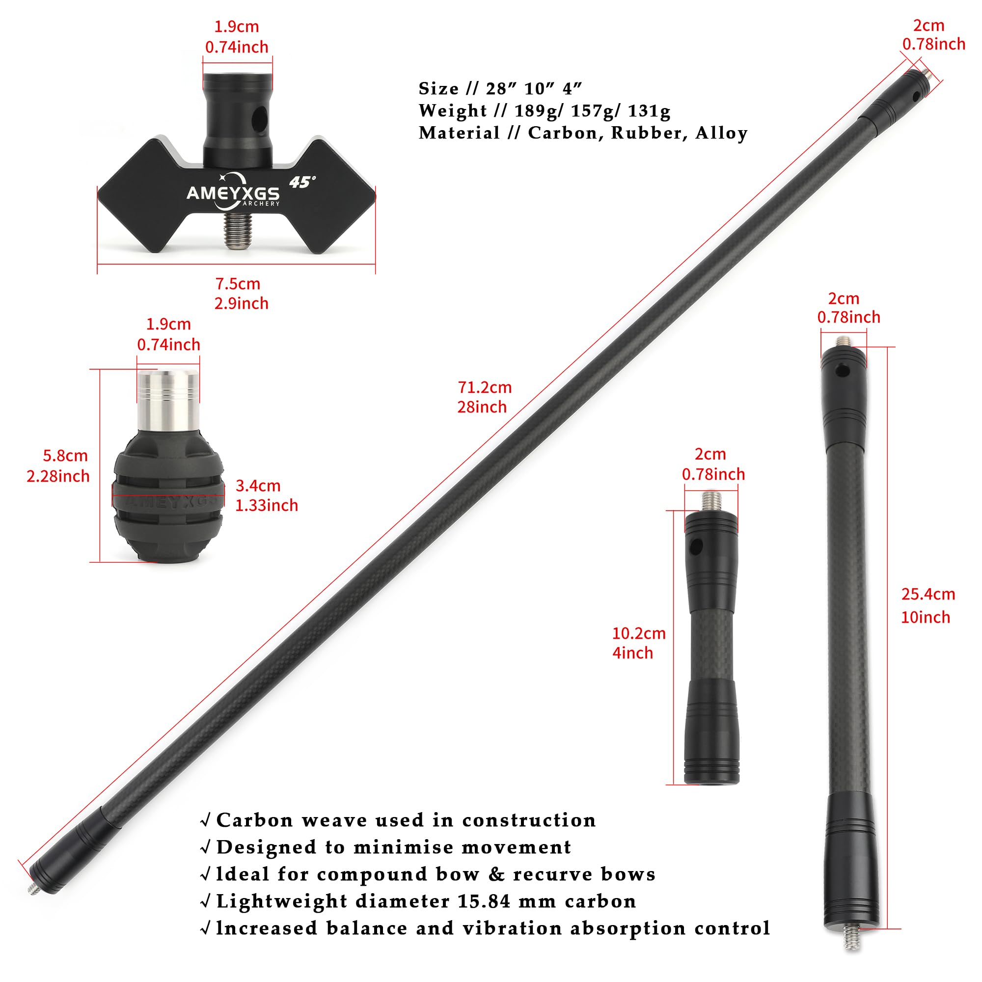 Sistema di stabilizzazione in Carbonio per Arco, Set stabilizzatore Barra di bilanciamento, aste di Estensione Ammortizzatore da 28 "e 30" per Arco Composto ricurvo