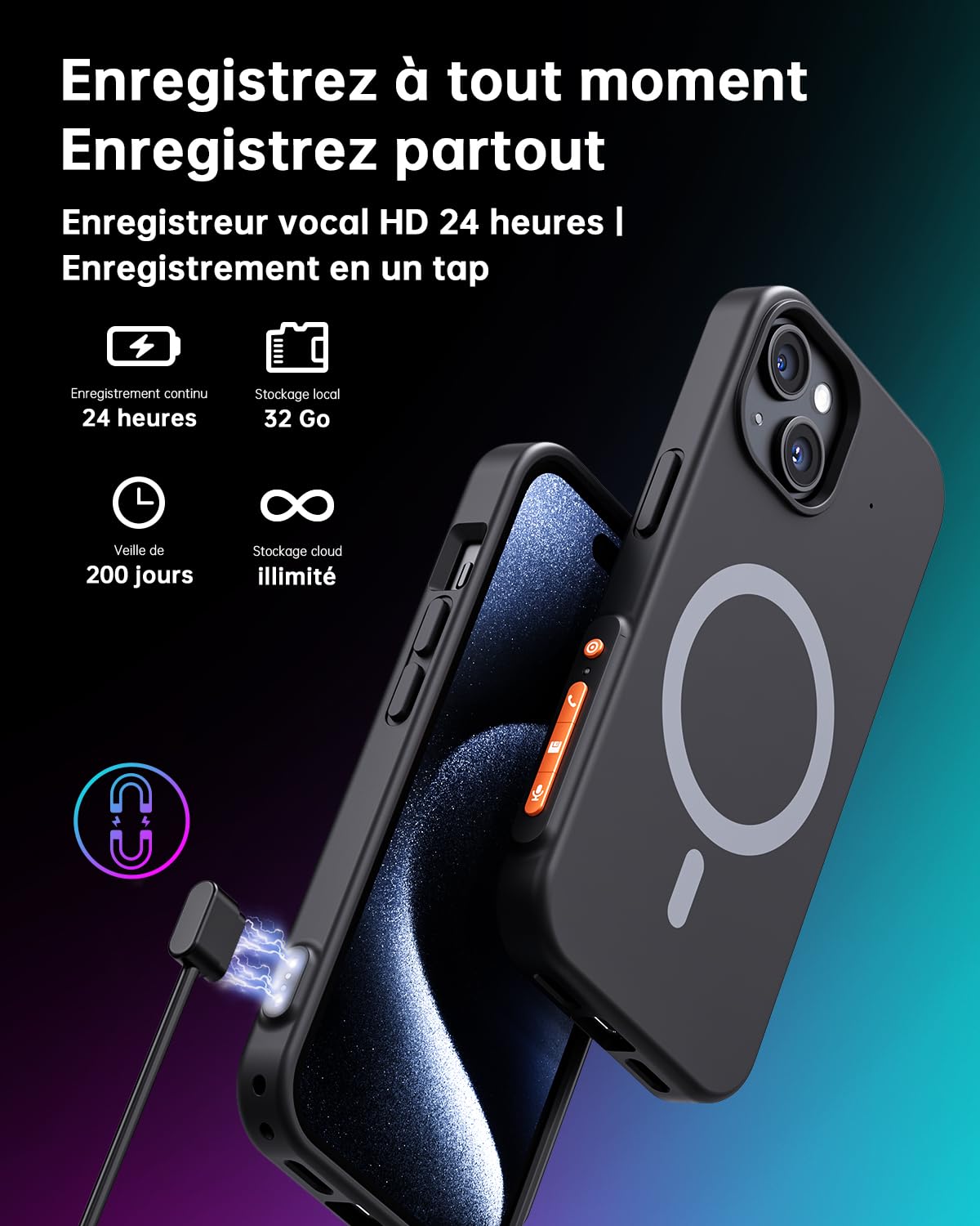 Enregistreur Vocal IA avec Étui Téléphone, Contrôle par App Transcription et Résumé IA Charge 80+ Langues, Enregistreur Vocal Numérique pour Conférences Réunions Appels Compatible avec iPhone 15