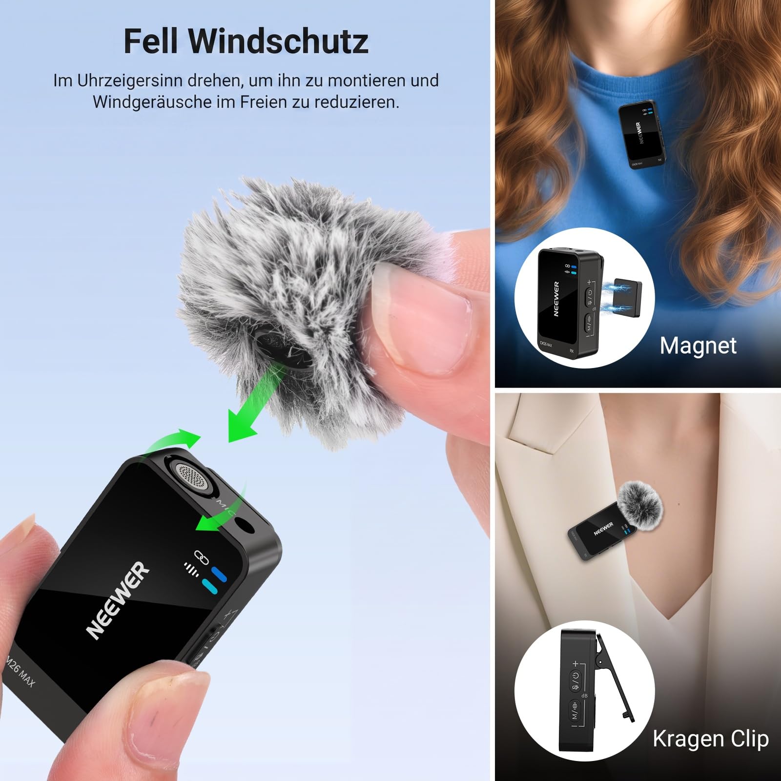 NEEWER CM26 MAX AI kabelloses Lavalier Mikrofon kompatibel mit iPhone 17 16 15 Android Kamera PC, USB C Plug & Play, APP Steuerung, 50 Std. Gesamtakkulaufzeit, 120m Reichweite, Apple MFi Zertifiziert