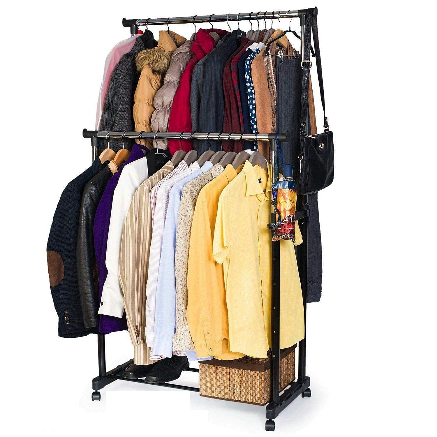 Skyzone Heavy Duty Clothes Drying Rack, Double Pole, Rail Rod Adjustable Outdoor, Indoor Garment Rack Commercial Grade Adjustable Clothing Rack Supreme Rolling Rack Steel, Cloth Rack Portable (4 Tier) offers donot miss