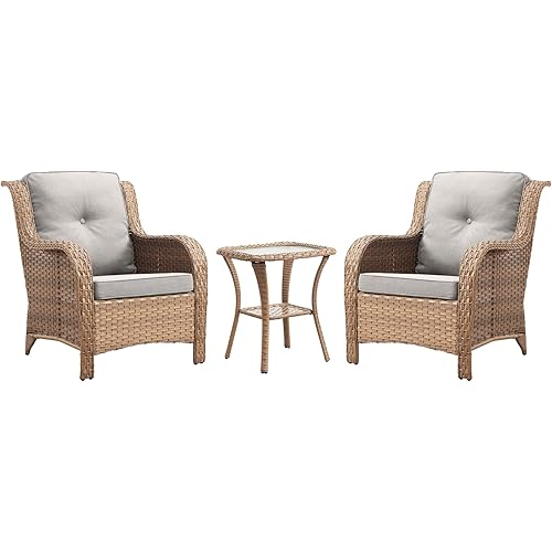 Rilyson Patio Bistro Set Outdoor Chairs - 3 Piece Wicker Rattan Patio Furniture Set with 2 Armrest Chair and 1 Side Table for Proch Deck Garden Backyard Balcony(Yellow/Beige)