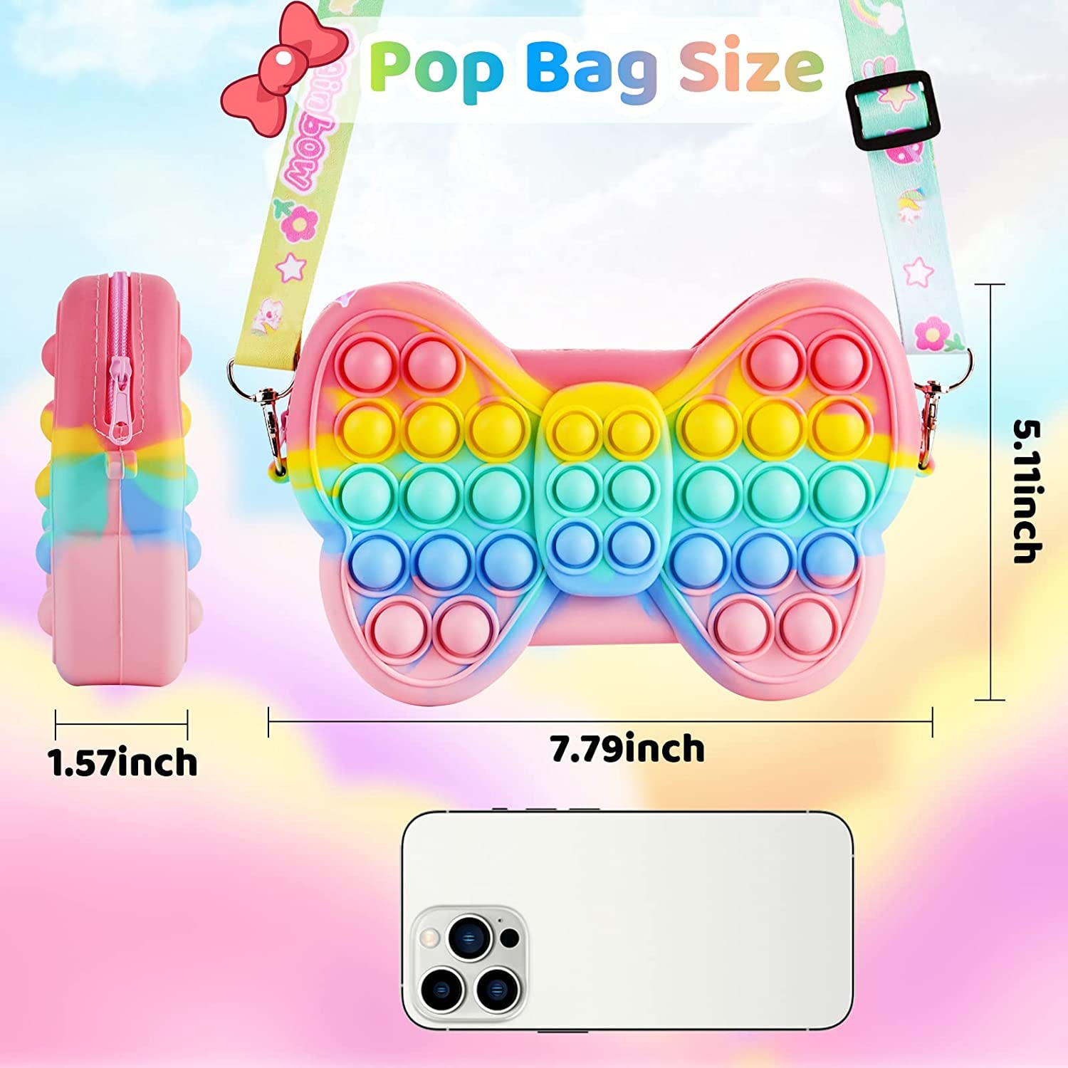 Party Propz Pop It Bag for Girls - Rainbow Butterfly Pop It Pouch | Silicone Popit Bag for Girls, Women, Kids | Return Gift for Kids | Cross Body Sling Bag Purse for Girls Kids | Kids Purse for Girls - Image 8 thumbnail