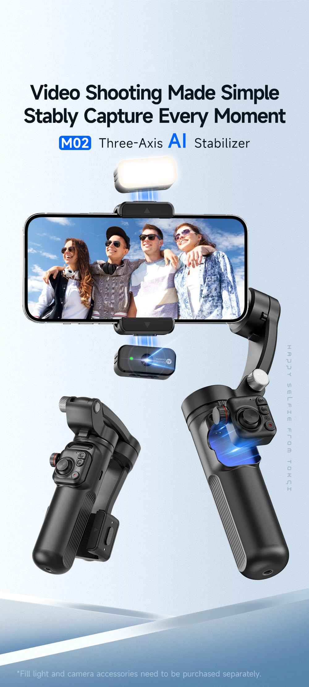 Sea frogs Estabilizador de cardán para smartphone, 3 ejes con luz de llenado magnético/sensor de seguimiento AI, portátil y plegable con trípode para iPhone, Android, YouTube TikTok Video