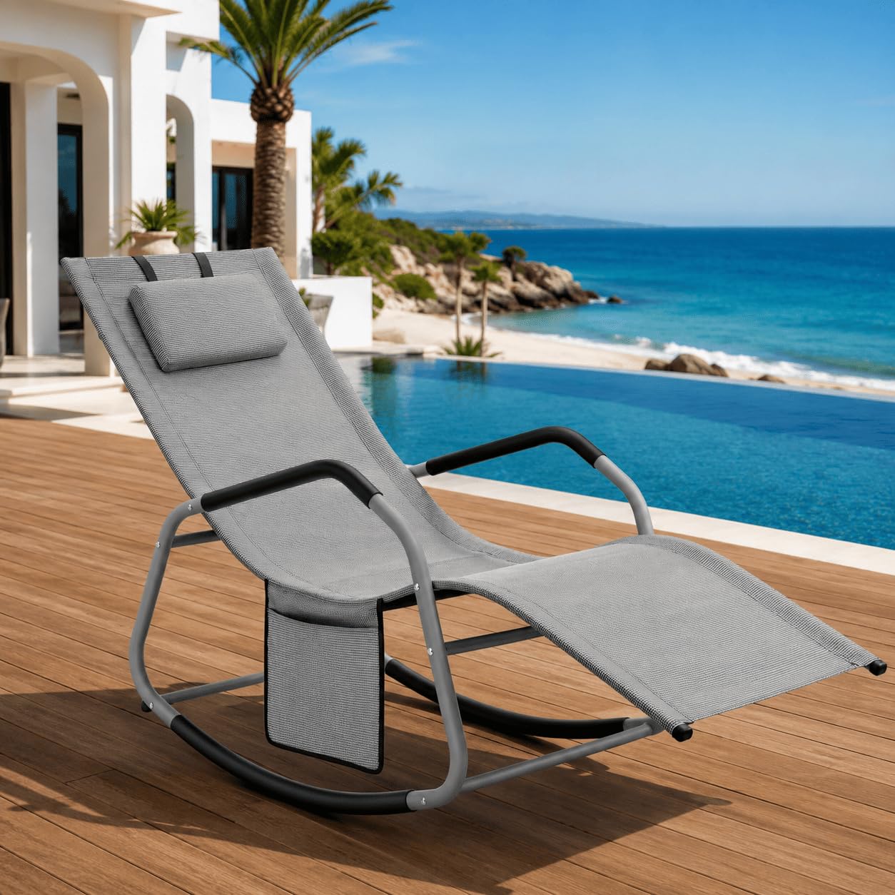 Sedia A Dondolo Ergonomica Da Esterno Con Cuscino Antiribaltamento E Tasca Laterale Sdraio Da Giardino Con Tela In Textilene E Telaio In Acciaio 151 x 56 x 90 Cm Grigio