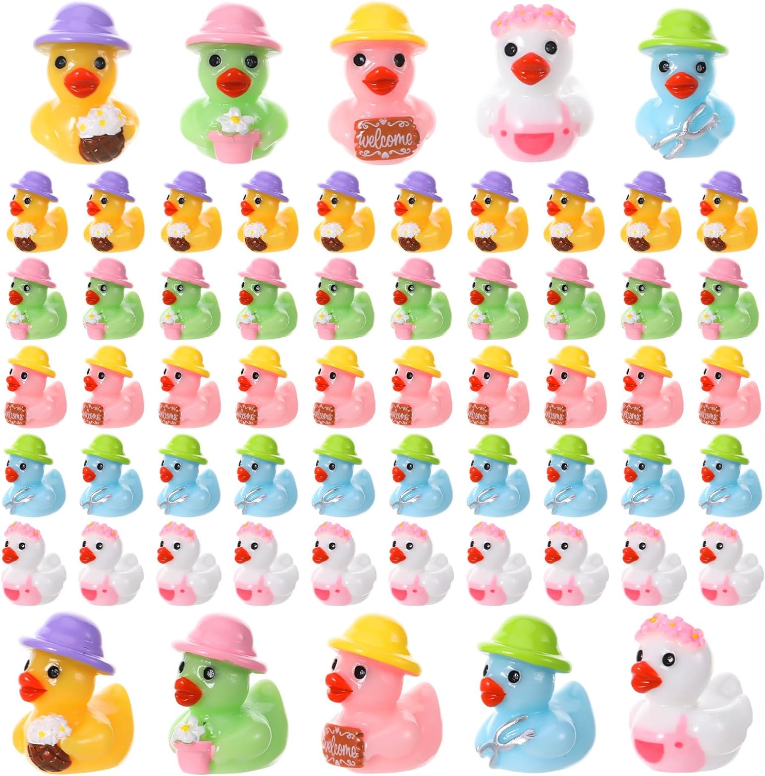 60Pcs Spring Mini Resin Ducks Spring Mini Duck Figurines 6 Styles Miniature Flowers Duck Figures for Landscape Pots Dollhouse DIY Crafts