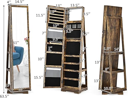 Miniatura 6 de CHARMAID Armario de joyería giratorio de 360 con espejo de longitud completa más alto organizador de armario de joyería con cerradura de pie gran