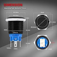 Vista 2 de DaierTek 19mm 12V Latching Push Button Switch ON Off Black Metal Pre-Wired 12 Volt Blue Led Light Illuminated Waterproof Button for Marine RV -8 Pack