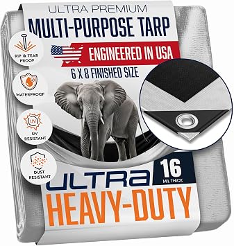6x8 Ultra Heavy Duty Tarp, Extra Thick 16 Mil, UV Resistant, Grommets Every 18 Inches - Waterproof Plastic Poly Tarpaulin - Reversible, Silver and Black 6 x 8