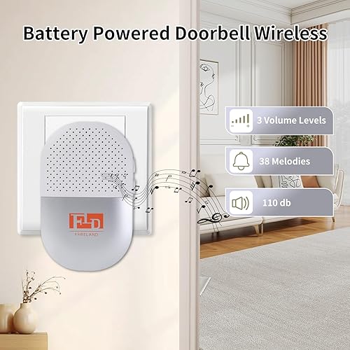 Miniatura 3 de FORELAND - Timbre inalámbrico alimentado por batería, timbre de puerta de 110 db, timbre inalámbrico, 38 melodías funciona con un rango de hasta 500