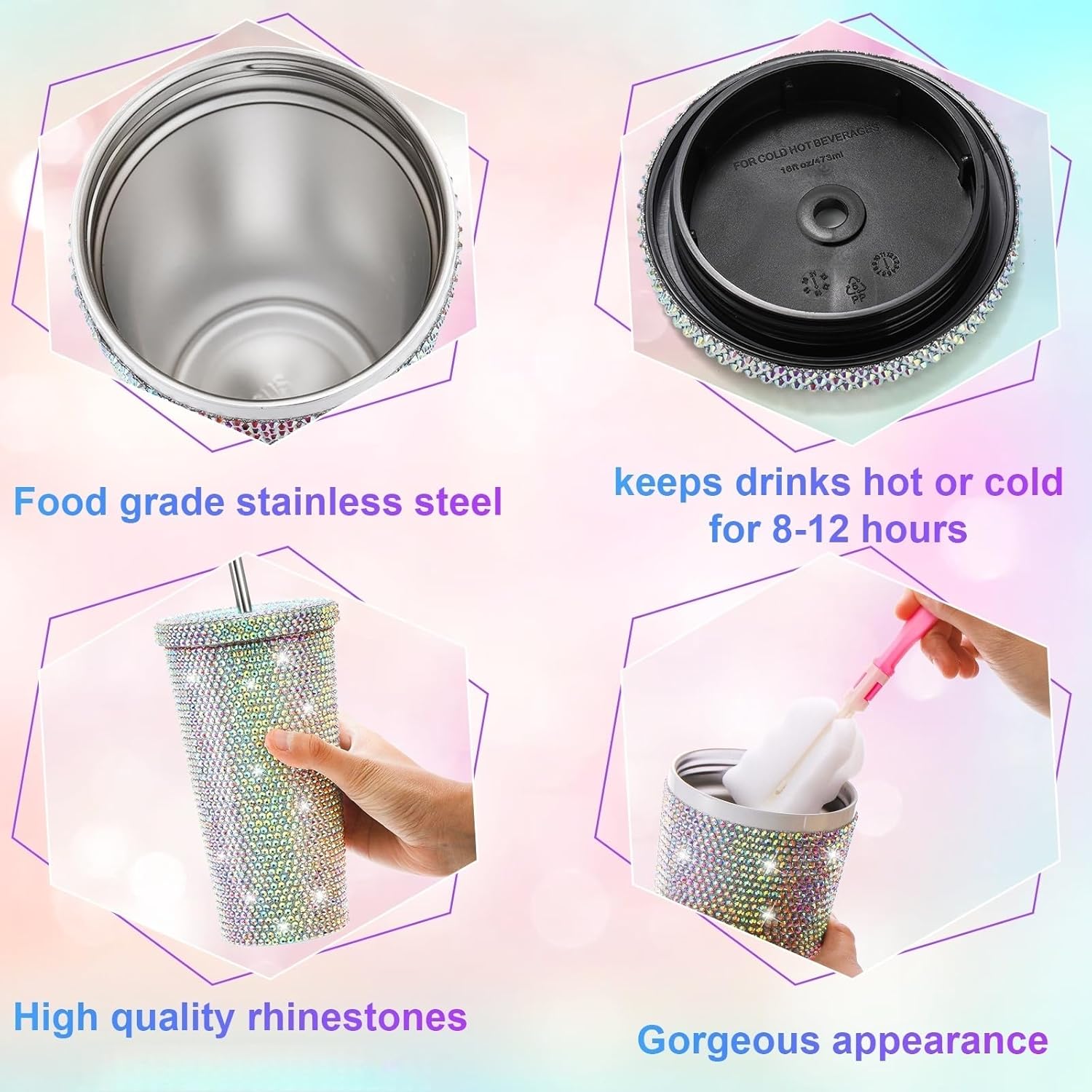 Bling Cup with Rhinestone, 17 Oz Sparkly Tumbler with Lid, Stainless Steel Glitter Thermal Drinking Water Bottle with 1 Pcs Brush 6 Pcs Straw Brushes Bling Gift for Girls Women - Image 4