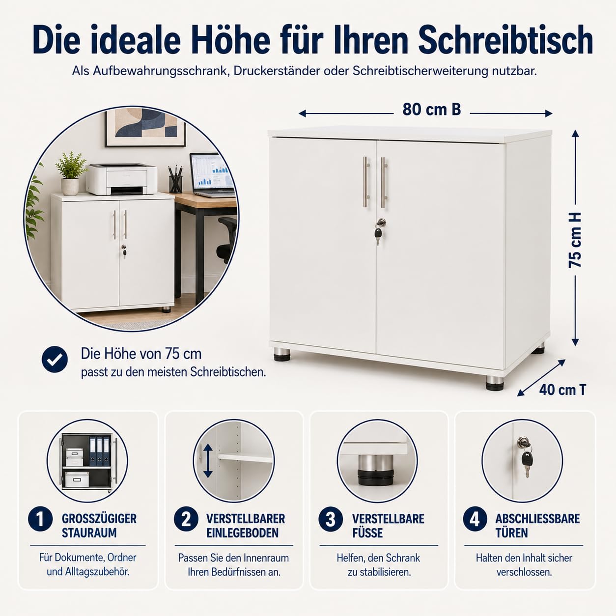 MMT Furniture Ltd weiss aufbewahrungsschrank – mehrzweckschrank - 2 türiger Büroschrank - Akten Büroschrank mit einlegeböden – abstellschrank (80D x 45W x 73H inches)