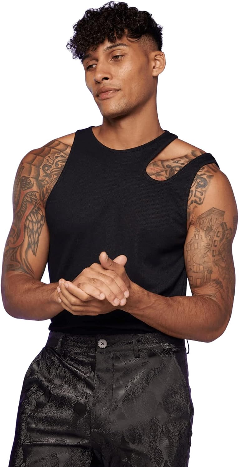 OYOANGLE Men's Cut Out Asymmetrical Neck Sleeveless Club Tank Top Shirt - Image 2