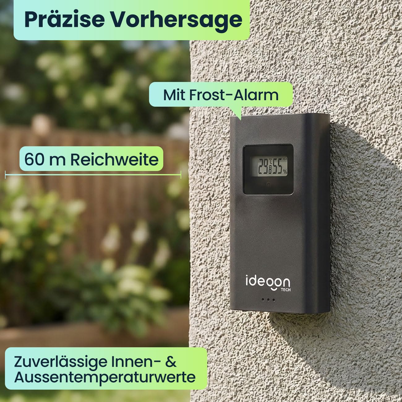 ideoon Moderne Funk-Wetterstation farbig: Rahmenloses LCD-Display für präzise Wetterprognose & Hygrometer – Mit Aussensensor
