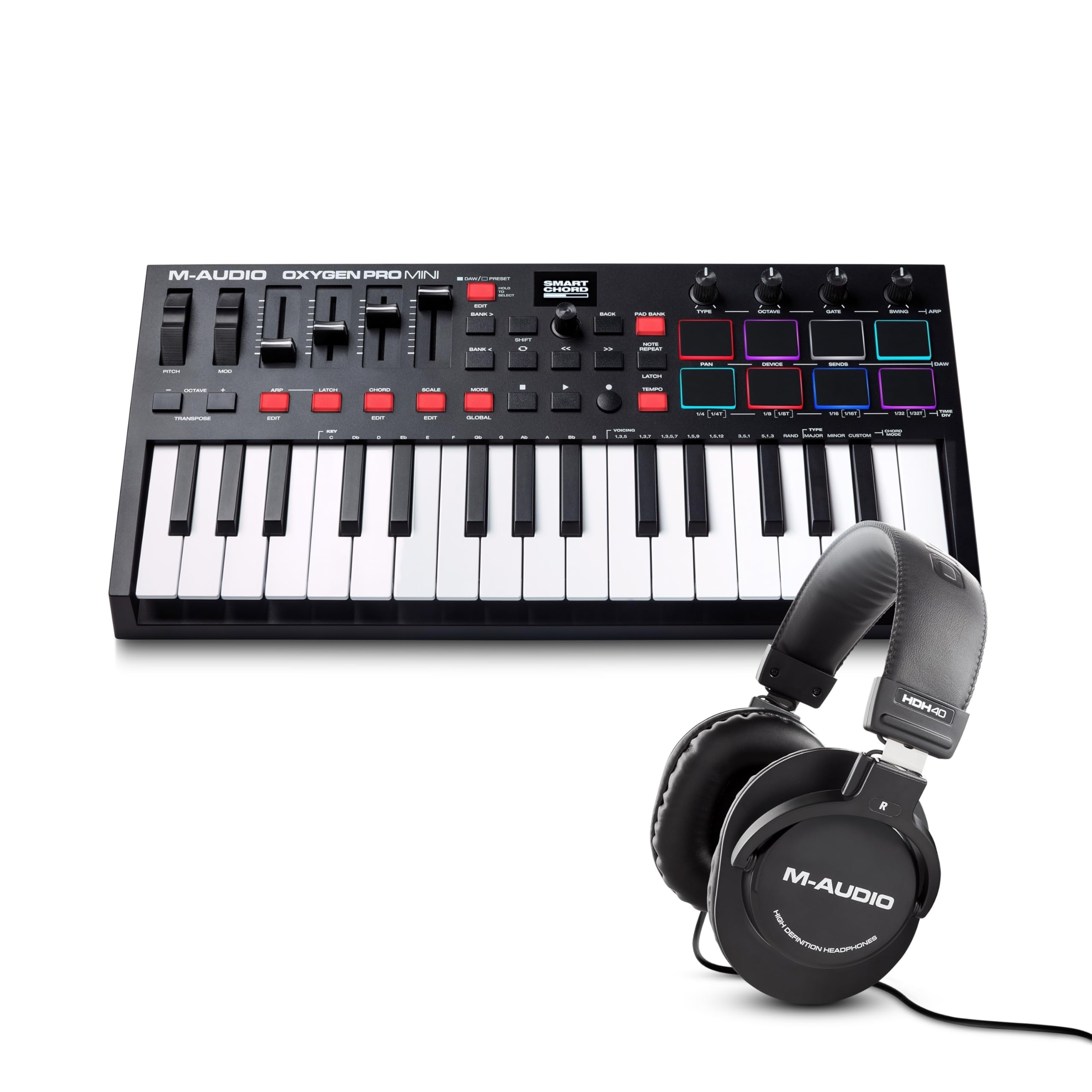 M-Audio Oxygen Pro Mini + HDH40 - Tastiera MIDI Controller USB a 32 tasti con pad Beat, Manopole, Tasti e Fader Assegnabili via MIDI e Software + Cuffie Over Ear Chiuse da Studio con Cavo da 2,7 m