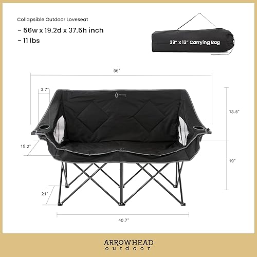 Miniatura 3 de ARROWHEAD OUTDOOR Silla de camping plegable portátil doble Duo con 2 tazas y soporte para copas de vino, bolsa de transporte, soporta hasta 500