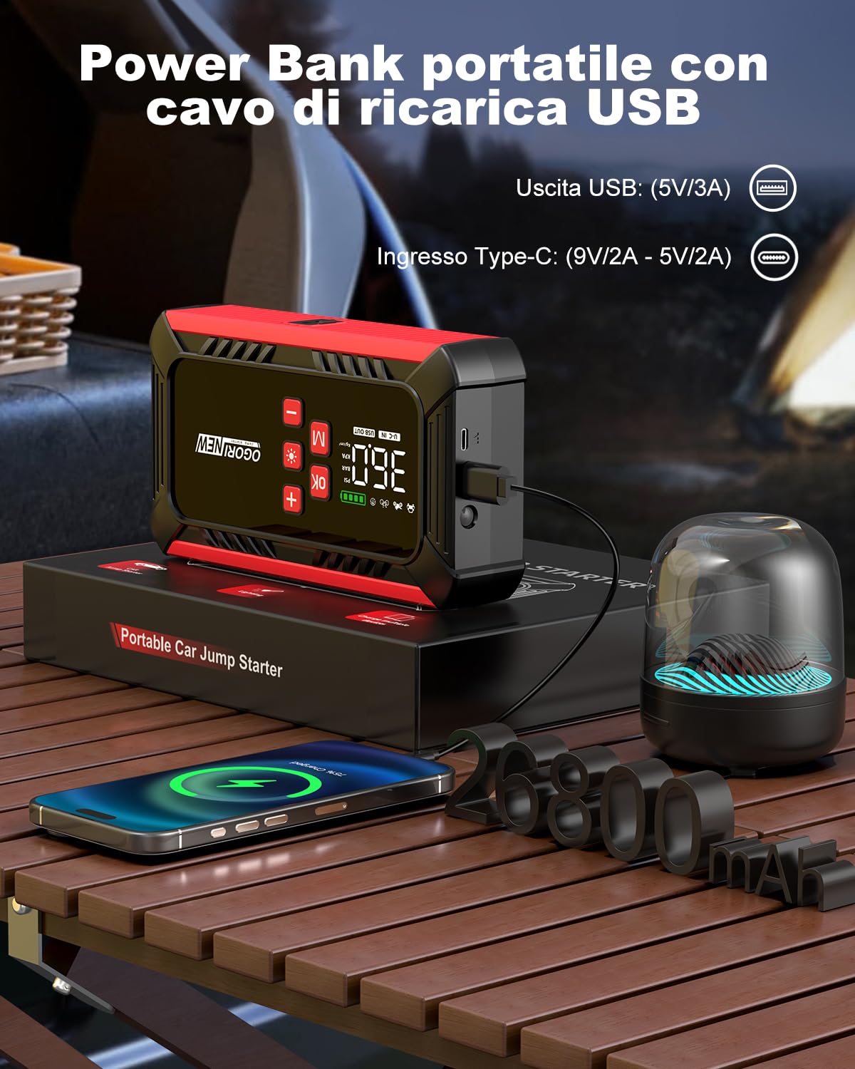 Booster Avviamento Auto con Compressore,Avviatore Batteria Auto 7000A,12V Starter Batteria Auto (8.0L Diesel/10.0L Benzina),Booster Batteria Auto Portatile con Torcia a LED, Display LCD