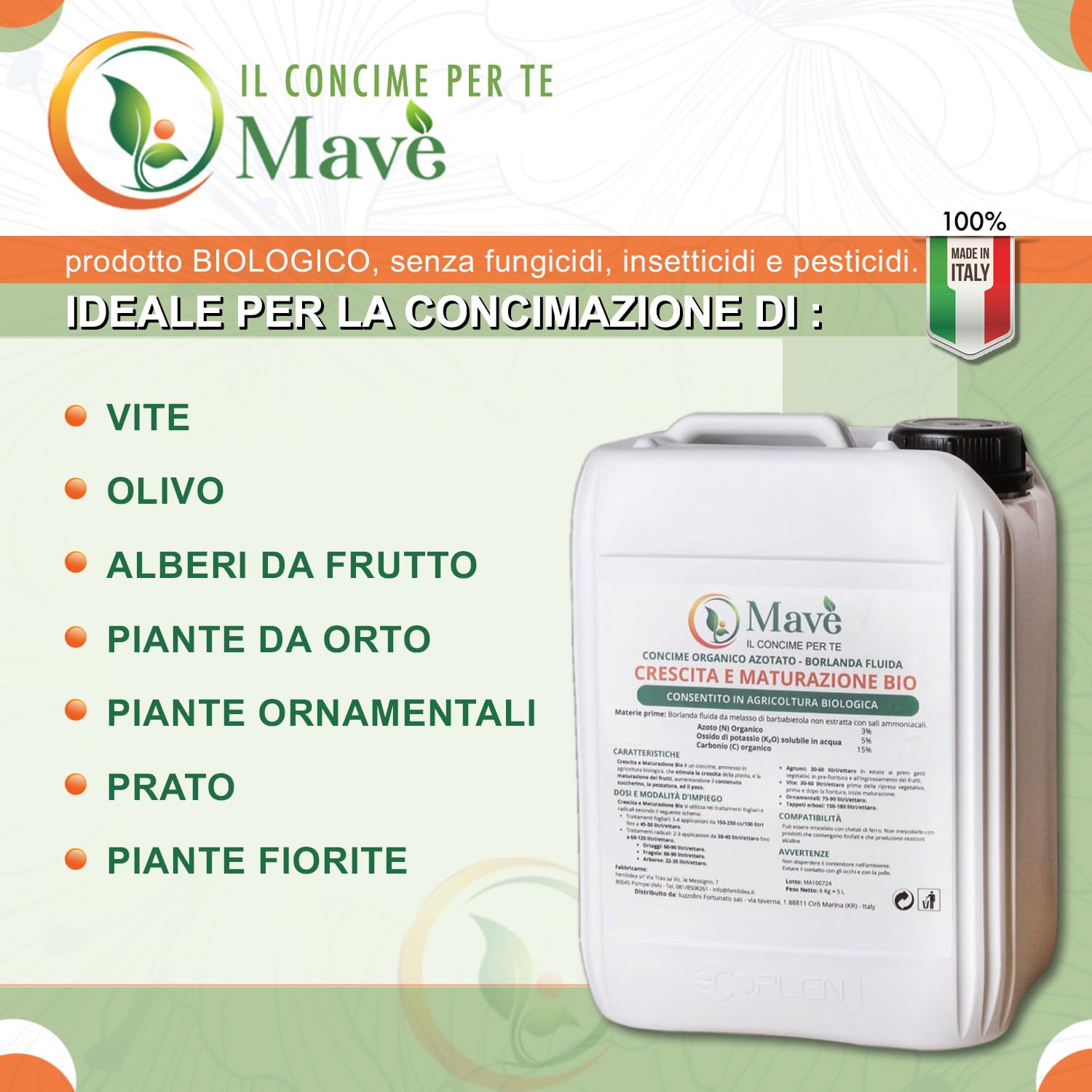 Borlanda fluida biologica 25,6 kg per piante - concime biologico per alberi, orto, frutta - Mavè crescita e maturazione bio