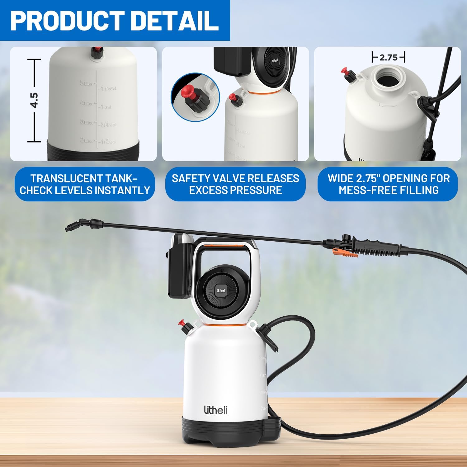 Litheli 20V Cordless Garden Sprayer, 1.3 Gallon/4.75L Pump Sprayer, Intelligent Pump Pressure Control, 2 Spray Modes for Spraying Plants, Garden Watering, with 2.0Ah Battery Included