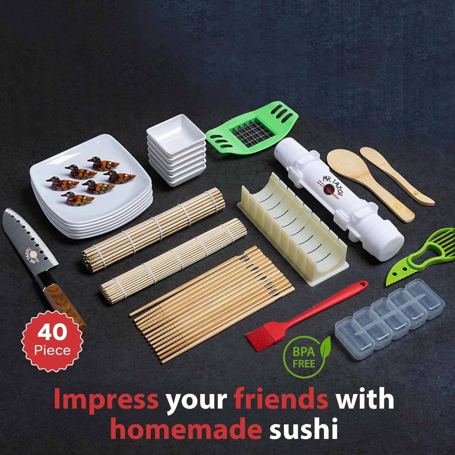 Mr Tazoi Gourmet - Kit de fabricación de sushi de 40 piezas, incluye rodillo de arroz de bambú, cuchillo de sushi japonés, platos, palillos y más, perfecto para chefs caseros y amantes del sushi (kit
